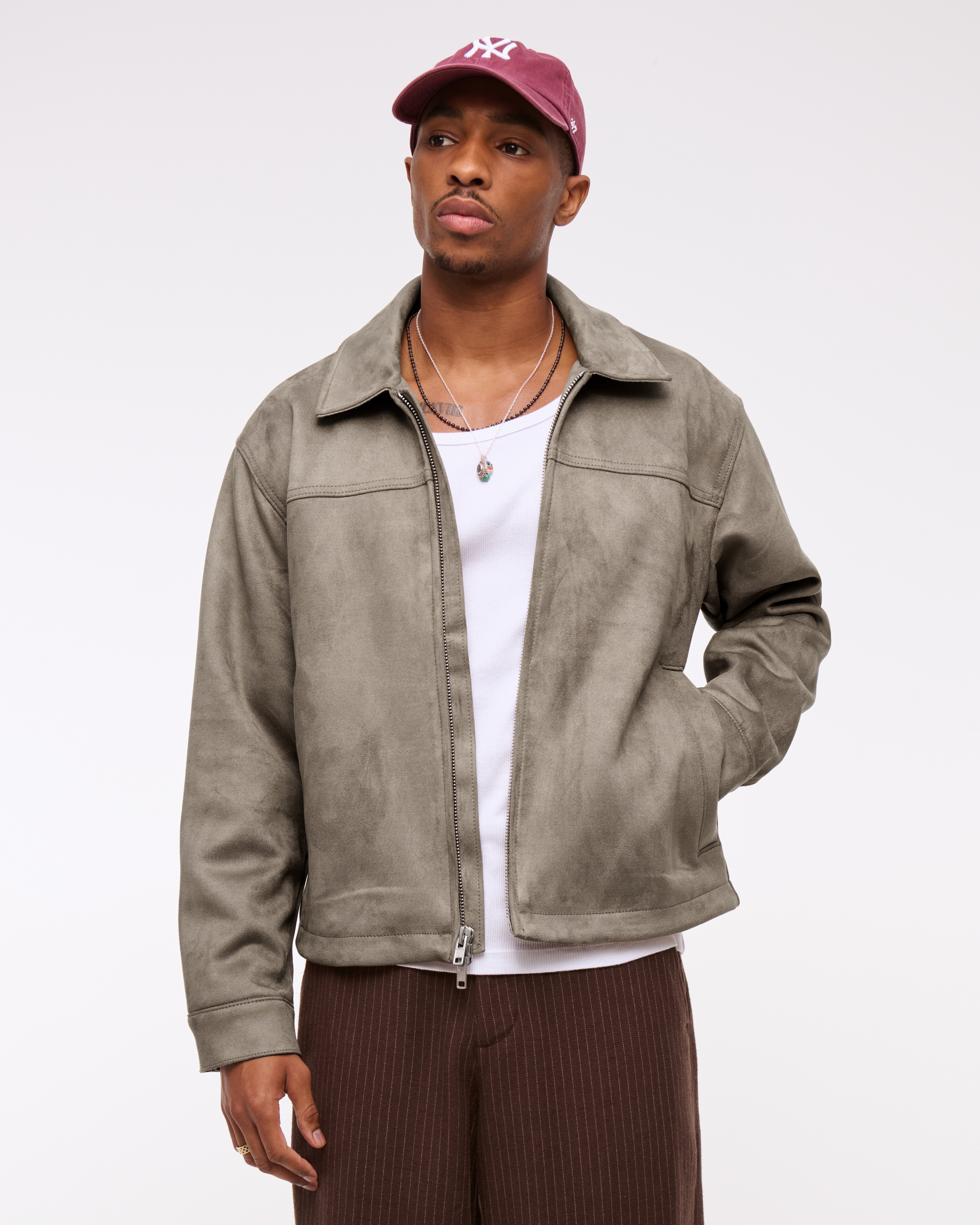 Abercrombie & Fitch Easy Lightweight Vegan Suede Zip Jacket In Brown