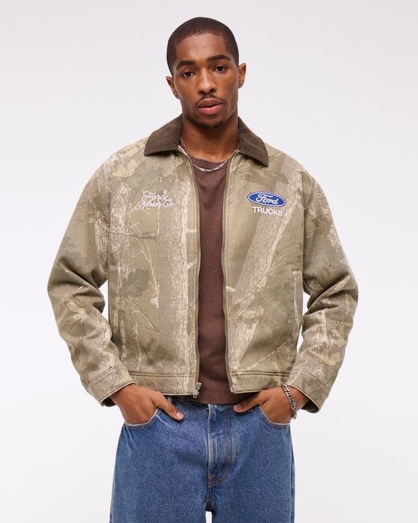 Ford Cropped Zip Workwear Jacket, Olive Camo view 1