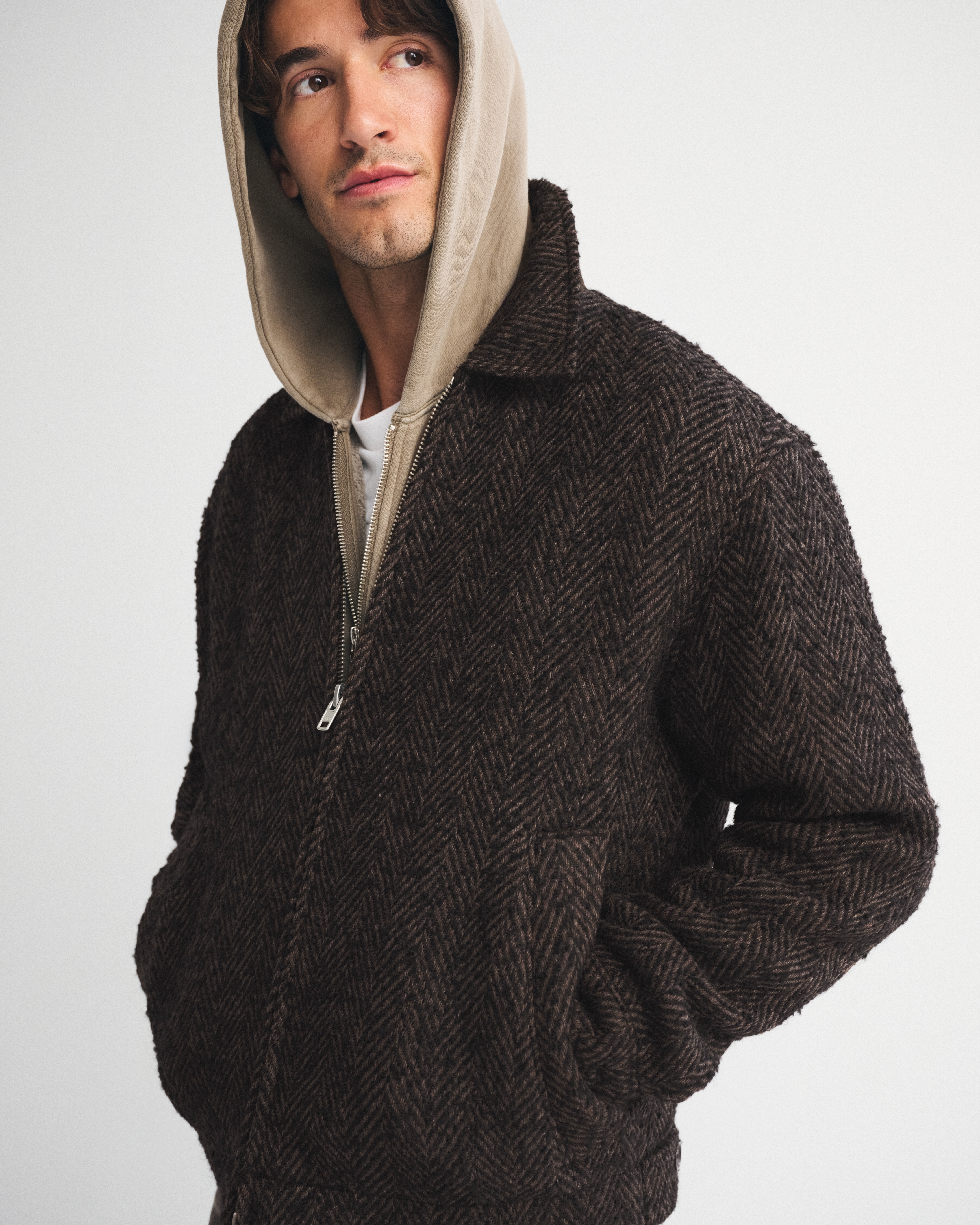 Abercrombie & Fitch Recycled Wool-blend Zip Jacket In Brown