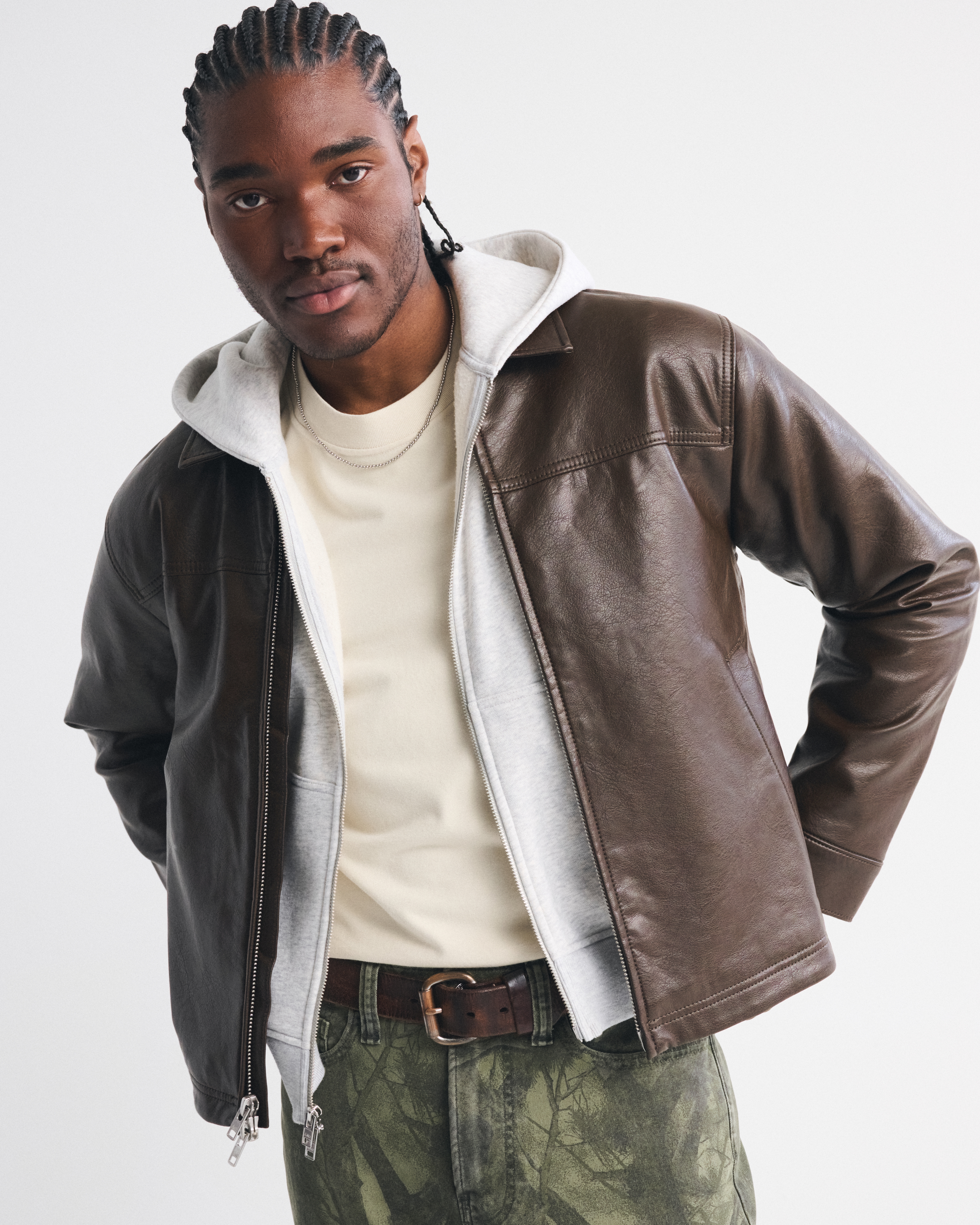 Abercrombie & Fitch Vegan Leather Zip Jacket In Brown