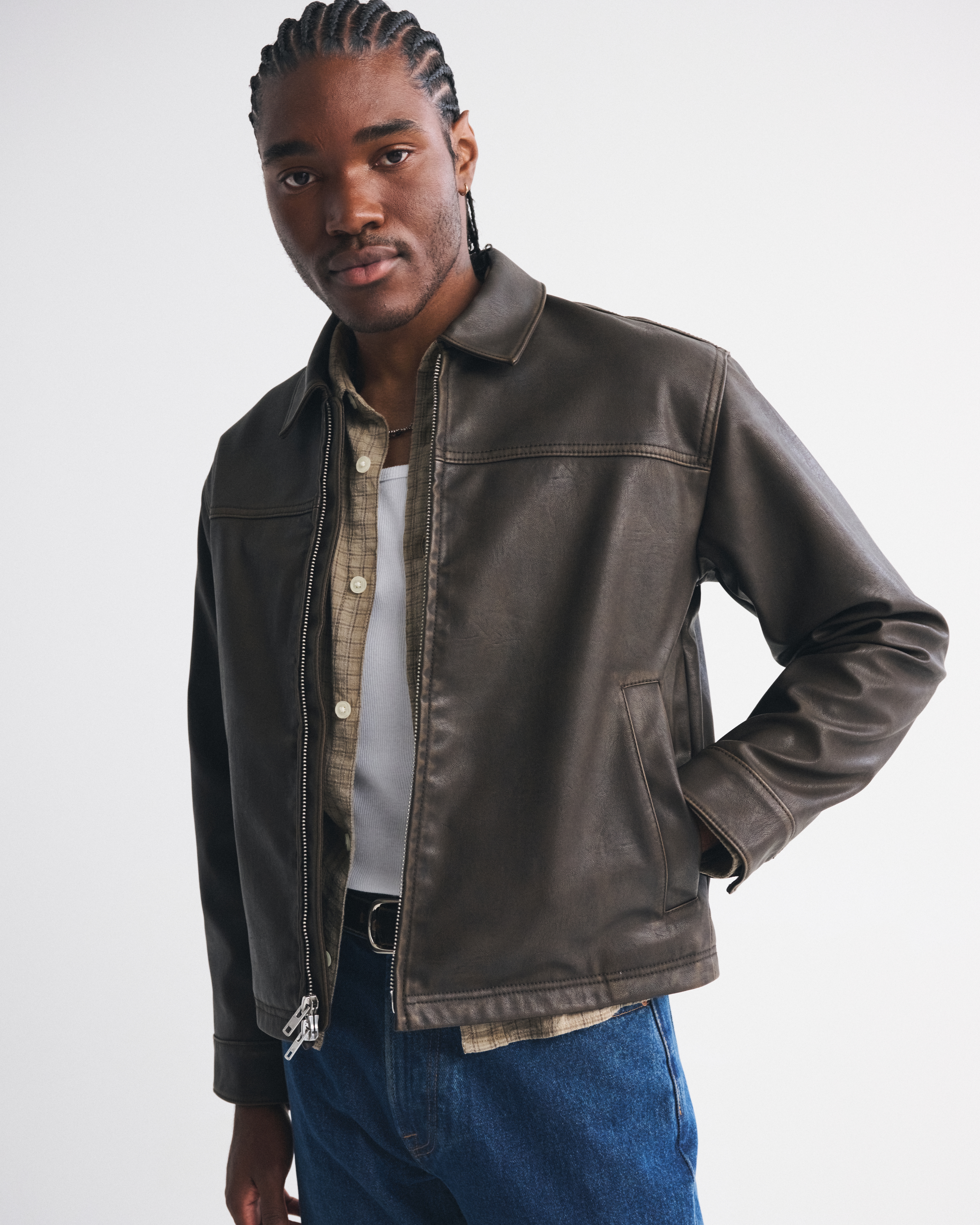 Abercrombie & Fitch Easy Vegan Leather Zip Jacket In Brown