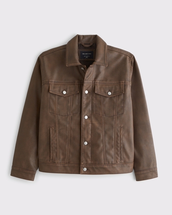 ジャケット・アウター A LEATHER TRUCKER JACKET SIZE56 OVY Button Down Leather Jacket for Men | Trucker Black - XS at