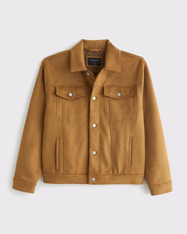 Vegan Suede Trucker Jacket, Light Brown view 1