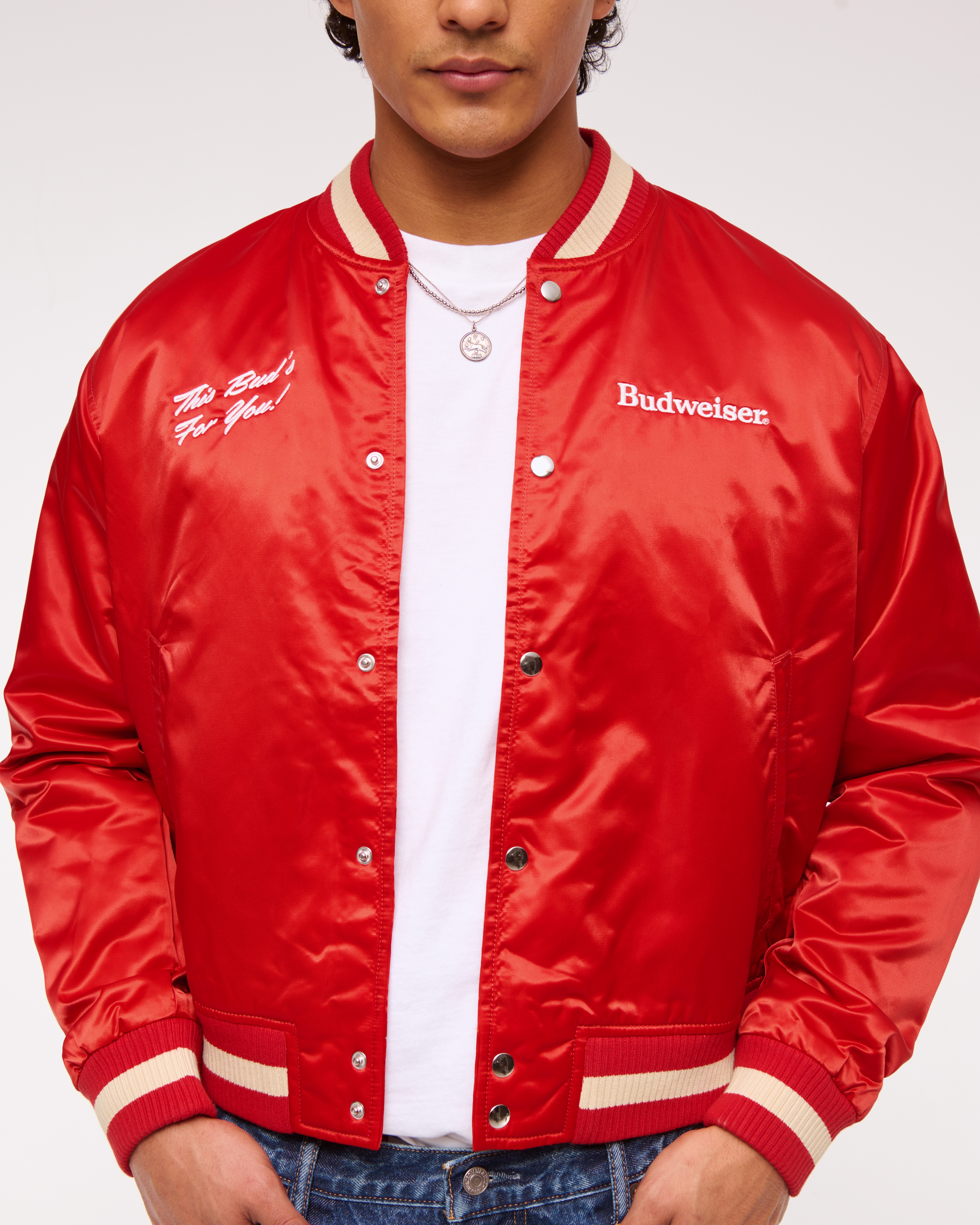 Abercrombie & Fitch Budweiser Varsity Bomber Jacket In Red