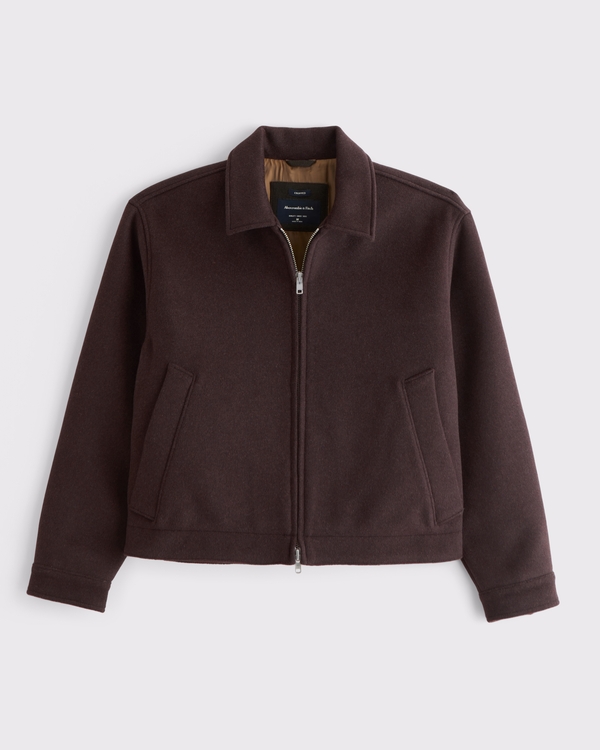 Cropped Wool-Blend Zip Jacket, Dark Brown view 1