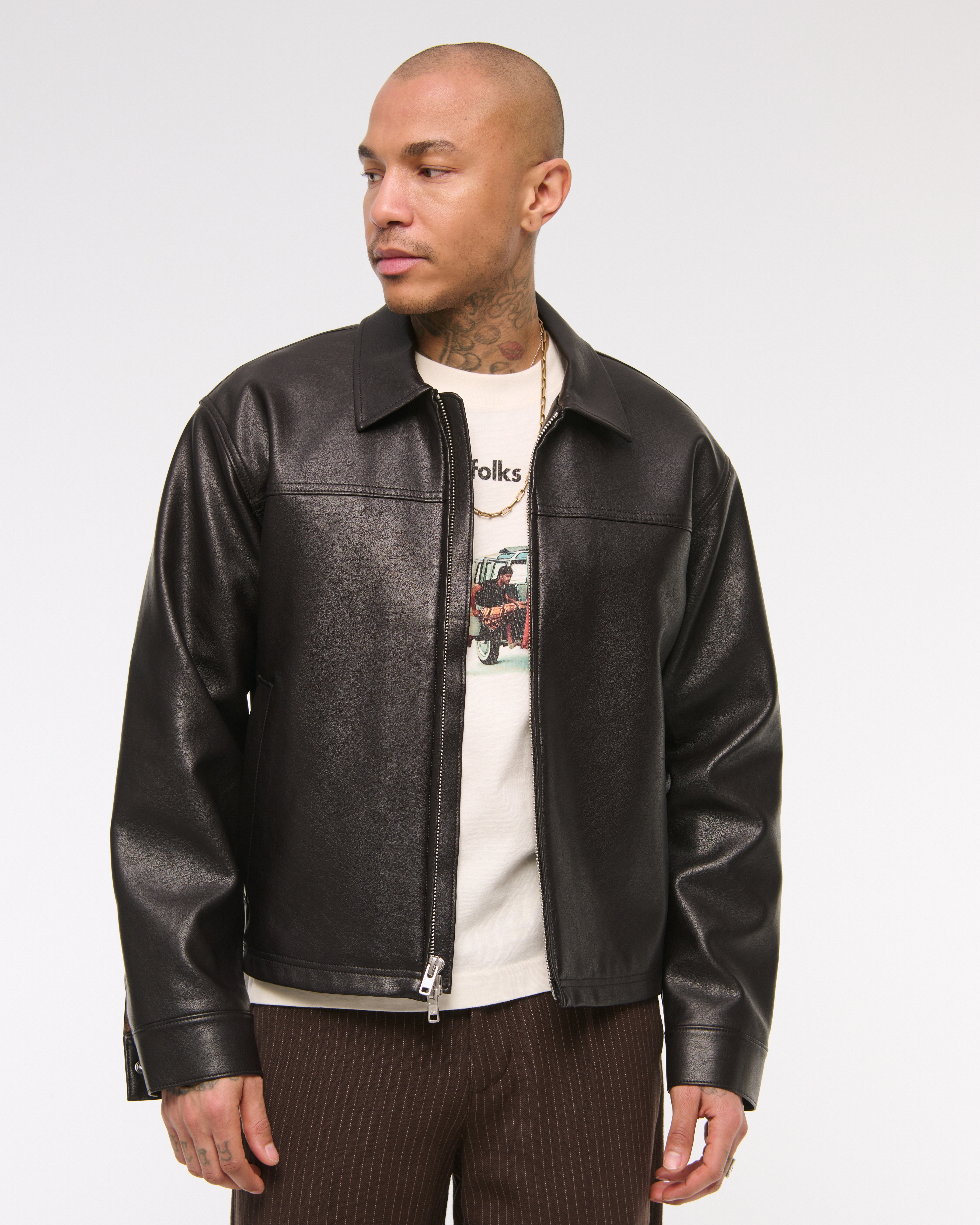 Men's Lightweight Cropped Vegan Leather Easy Zip Jacket