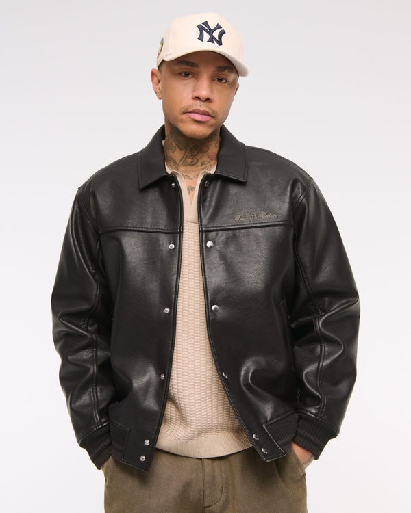 Vegan Leather Varsity Bomber Jacket, Dark Brown view 1