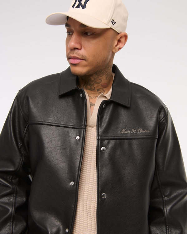 Vegan Leather Varsity Bomber Jacket, Dark Brown view 2