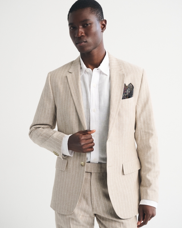 The A&F Collins Slim Linen-Blend Blazer, Light Brown Stripe view 1