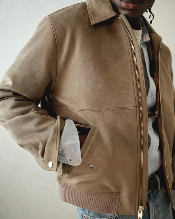 Vegan Suede Bomber Jacket, Taupe view 2