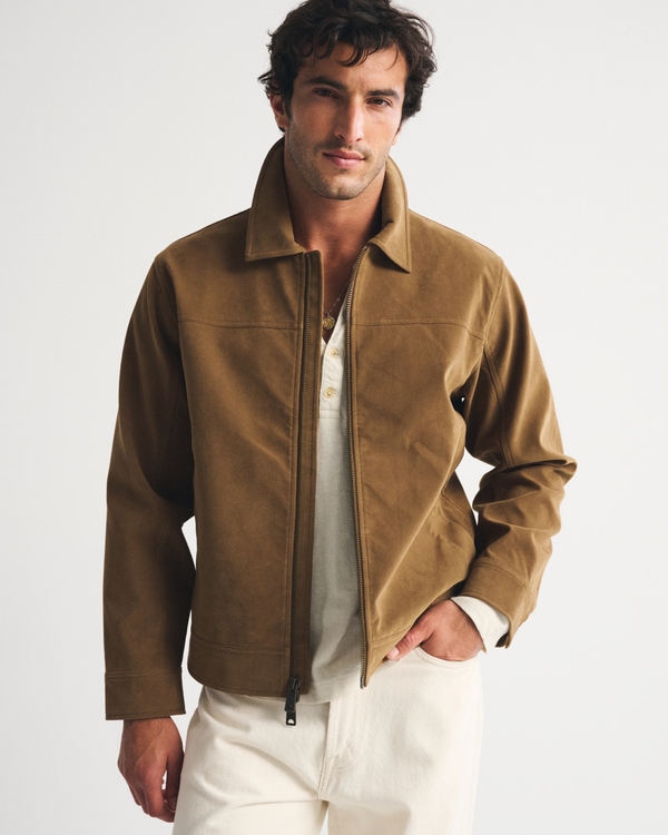 Easy Vegan Suede Zip Trucker Jacket, Brown view 1