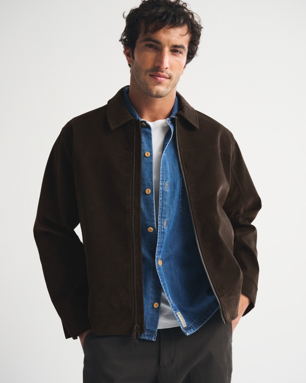 Easy Vegan Suede Zip Trucker Jacket, Brown view 1