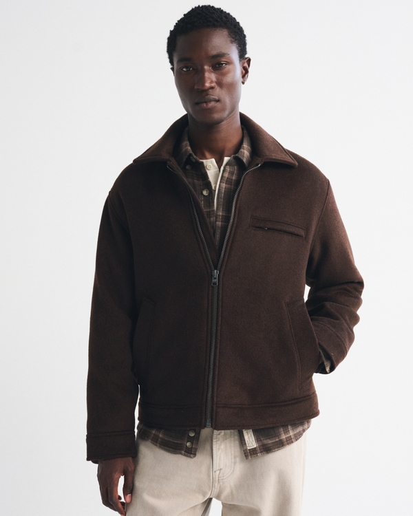 Wool-Blend Zip Trucker Jacket, Dark Brown view 1