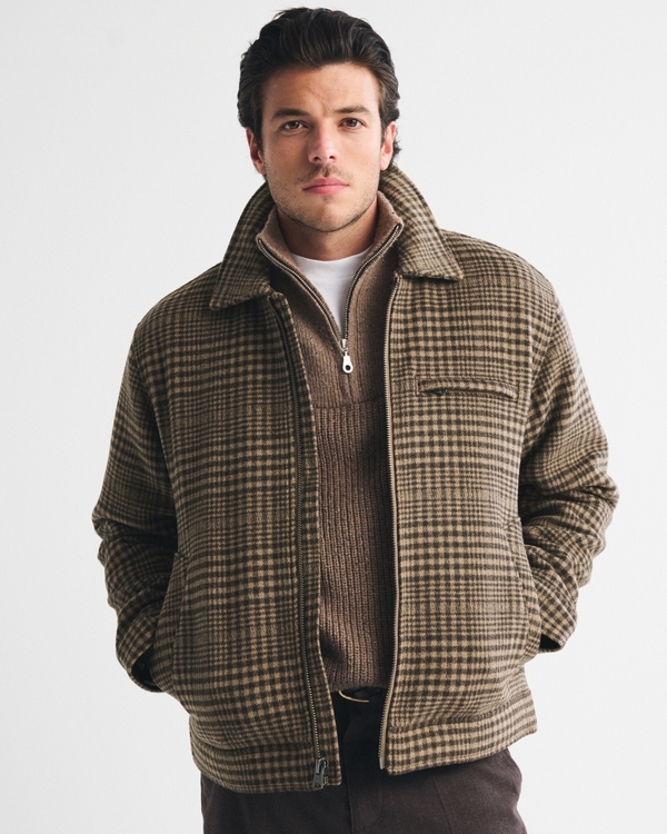 Wool-Blend Zip Jacket, Light Brown Plaid view 1