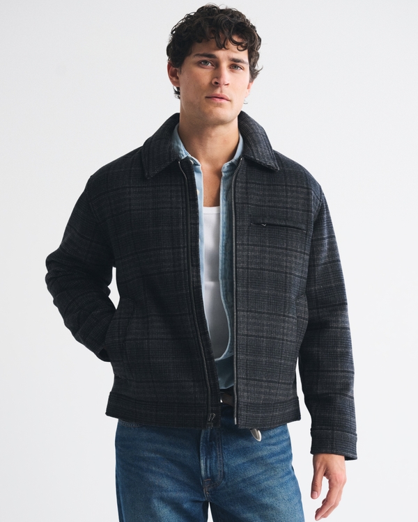 Wool-Blend Zip Jacket, Black Plaid view 1