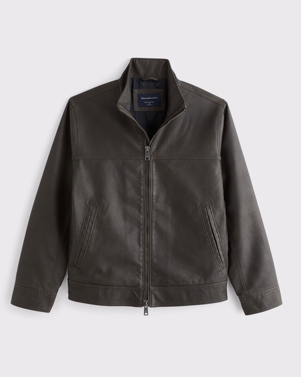 Leather Mock Neck Zip Jacket, Dark Brown view 1