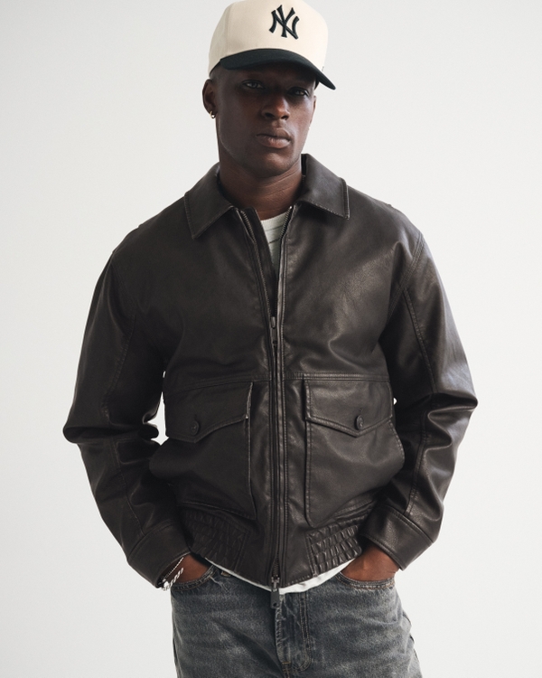 Vegan Leather Bomber Jacket, Black view 1