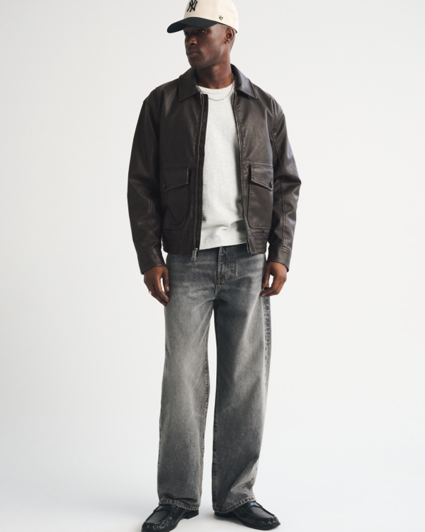 Vegan Leather Bomber Jacket, Black view 2