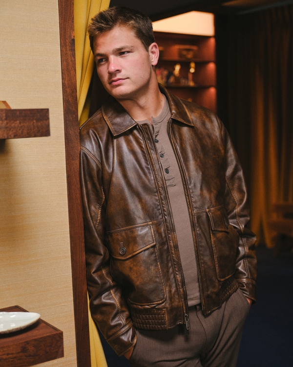 Vegan Leather Bomber Jacket, Brown view 1