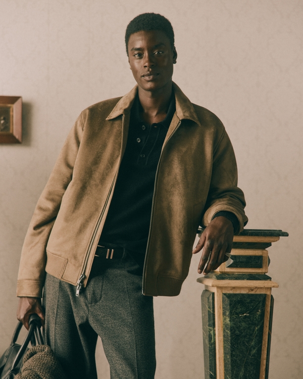 Vegan Suede Bomber Jacket, Light Brown view 1