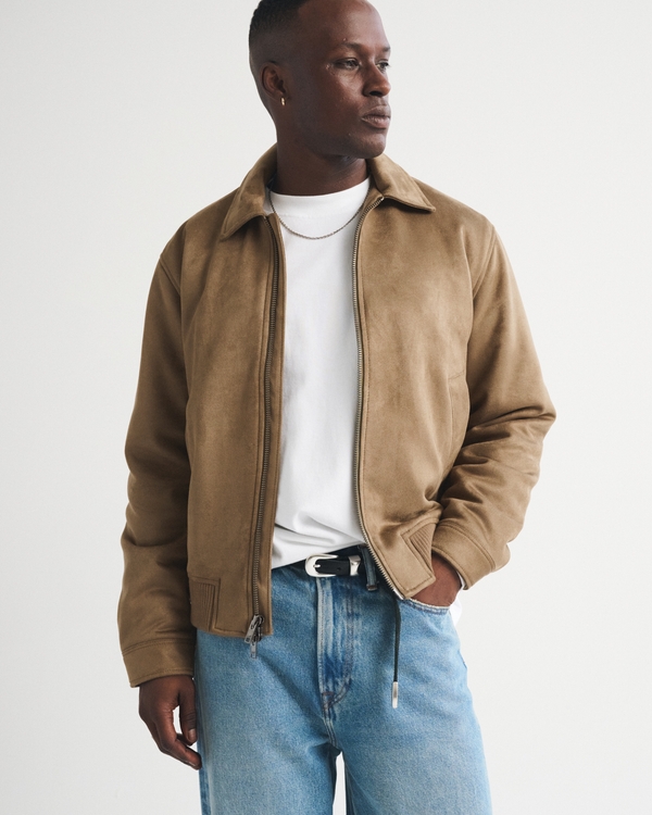 Vegan Suede Bomber Jacket, Light Brown view 1