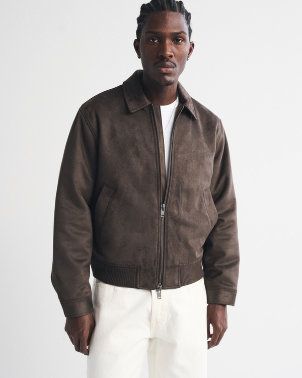 Vegan Suede Bomber Jacket, Dark Brown view 1