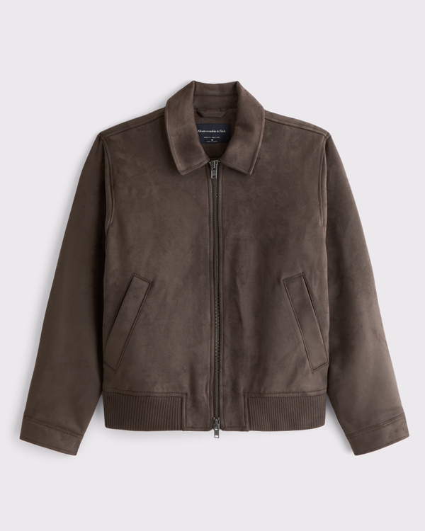 Vegan Suede Bomber Jacket, Dark Brown view 1