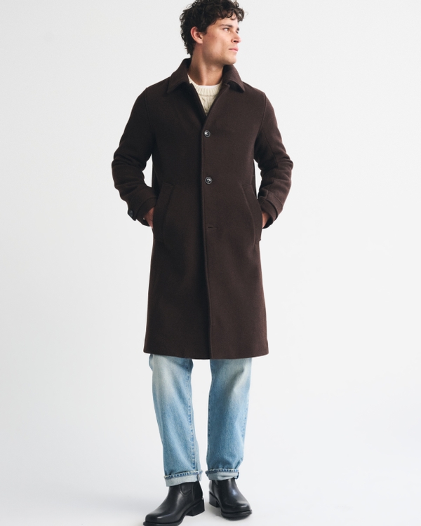 Wool-Blend Long Mac Coat, Dark Brown view 2