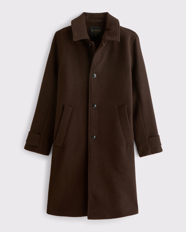 Wool-Blend Long Mac Coat, Dark Brown view 1