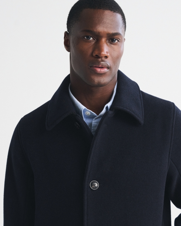 Wool-Blend Long Mac Coat, Navy view 2