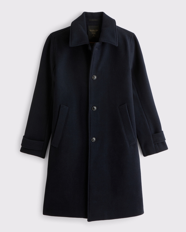 Wool-Blend Long Mac Coat, Navy view 1