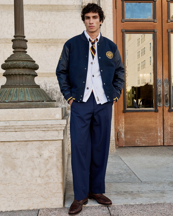 Wool-Blend and Vegan Leather Varsity Jacket, Navy view 2