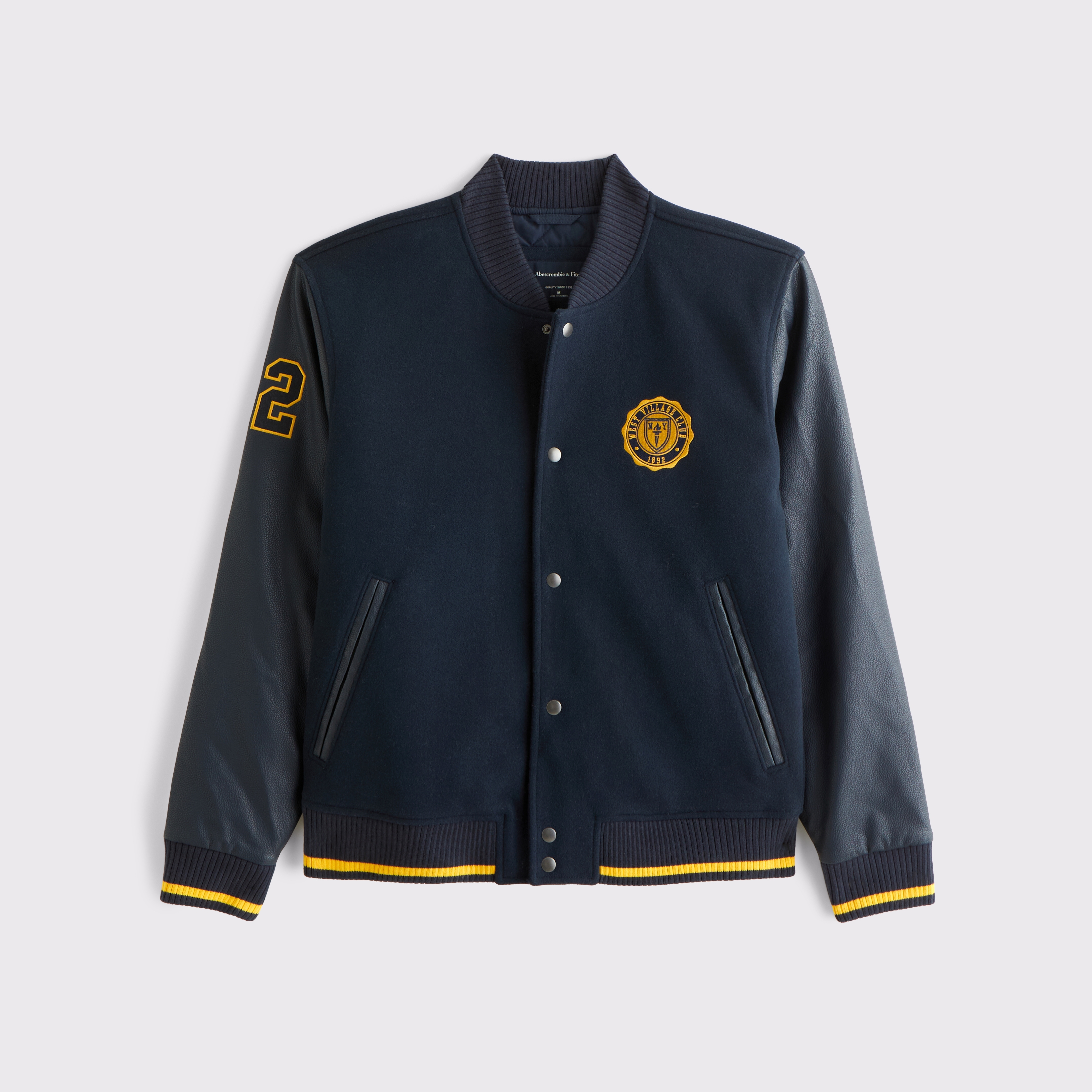 Мужская куртка Abercrombie & Fitch Wool-Blend and Vegan Leather Varsity, цвет: Тёмно-синий — фото 1