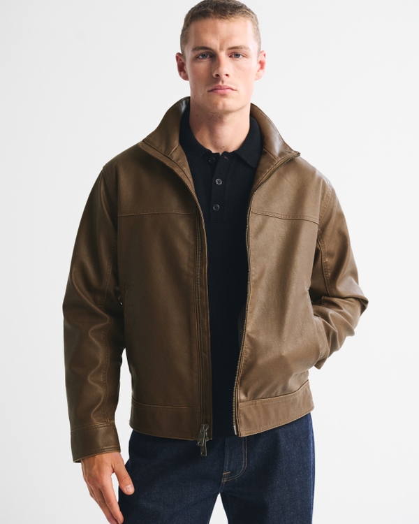 Vegan Leather Mock Neck Zip Jacket, Light Brown view 1
