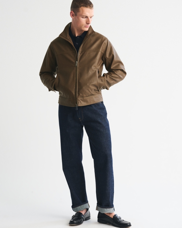 Vegan Leather Mock Neck Zip Jacket, Light Brown view 2