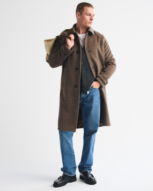 Wool-Blend Long Mac Coat, Brown Plaid view 1