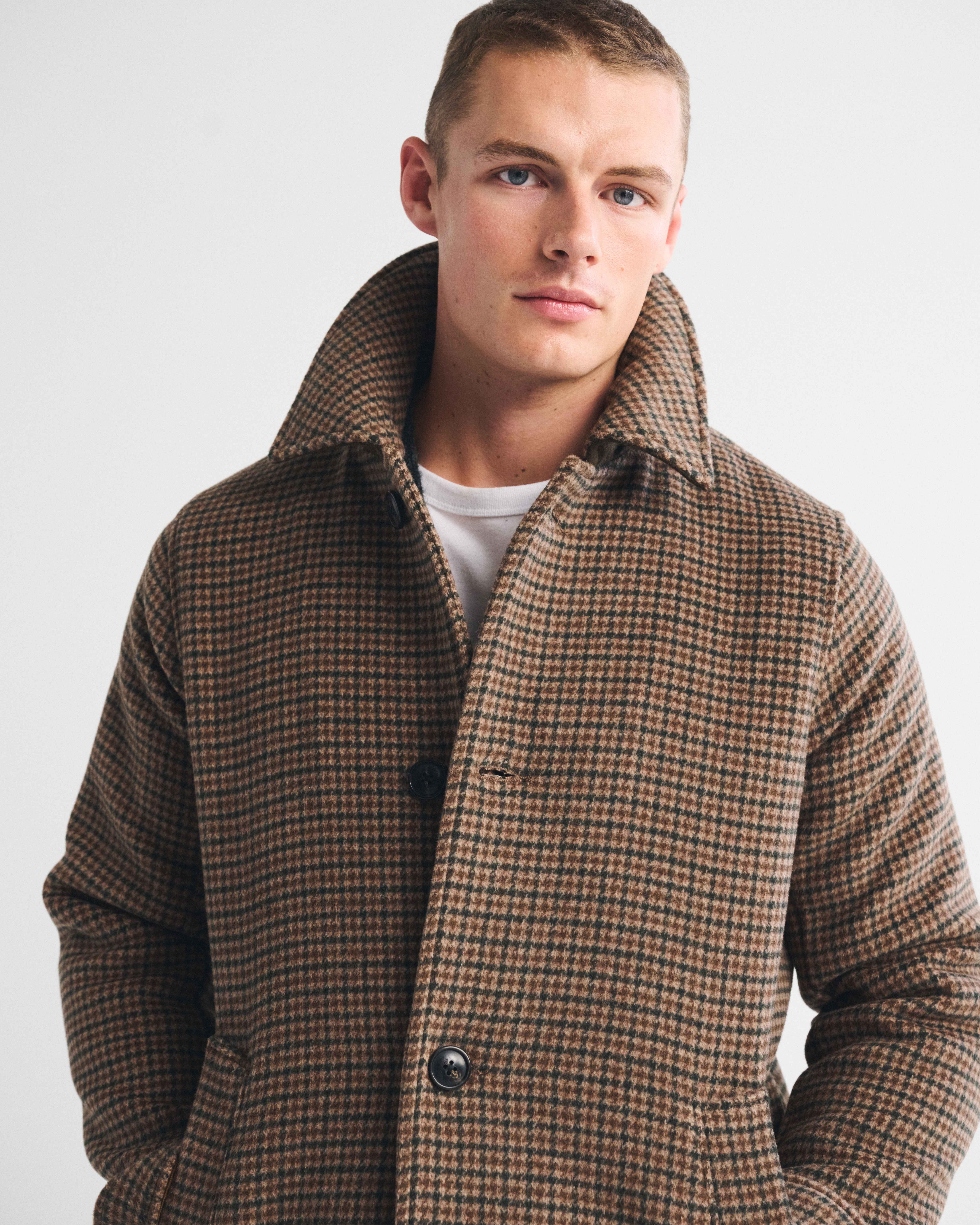 Мужское пальто Abercrombie & Fitch Wool-Blend Long Mac, цвет: Коричневый клетчатый — фото 3