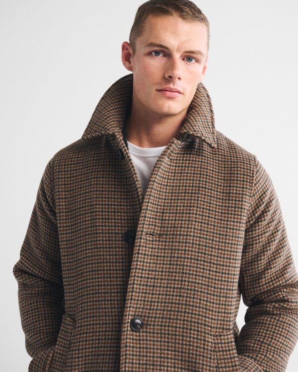 Wool-Blend Long Mac Coat, Brown Plaid view 2