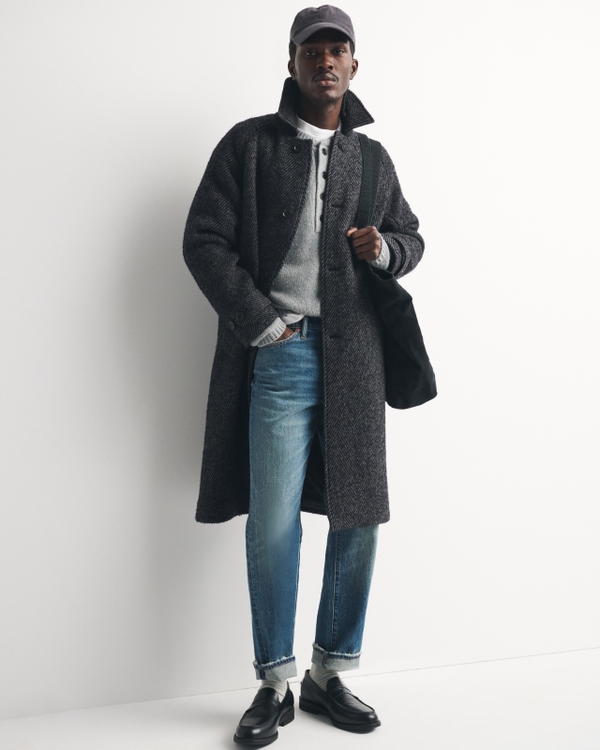 Wool-Blend Mac Coat, Black Herringbone view 1