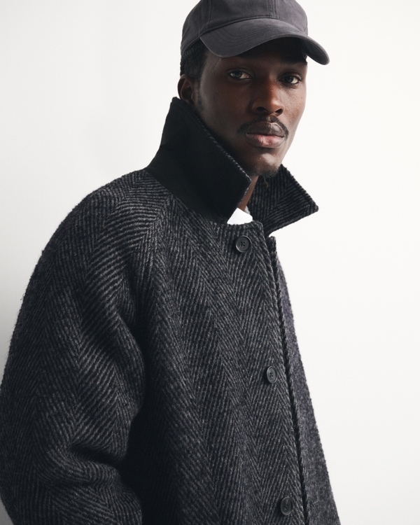 Wool-Blend Mac Coat, Black Herringbone view 2