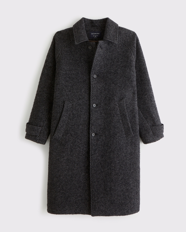 Wool-Blend Mac Coat, Black Herringbone view 1