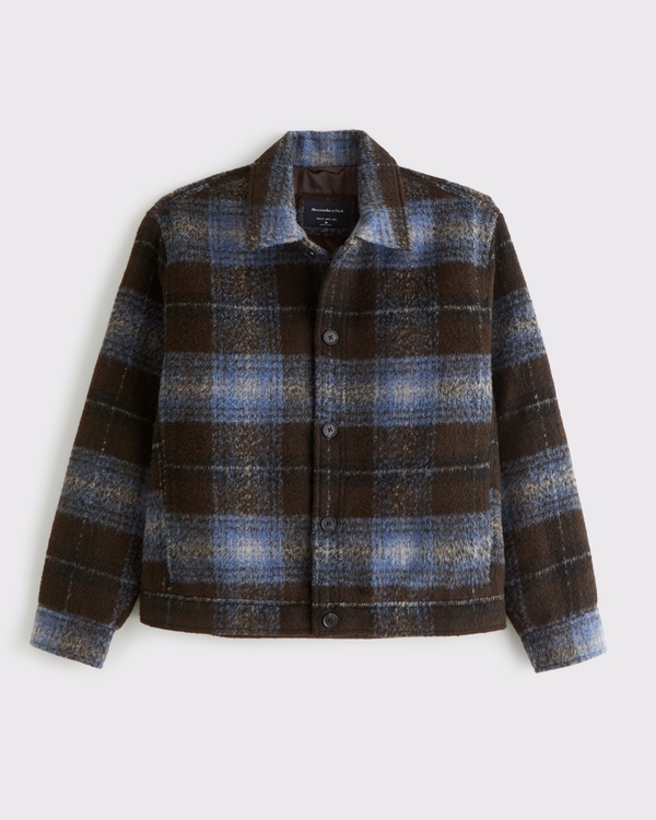 Wool-Blend Trucker Jacket, Brown Plaid view 1