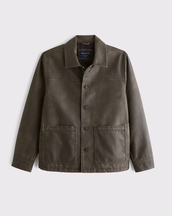 Vegan Leather Trucker Jacket, Dark Brown view 1