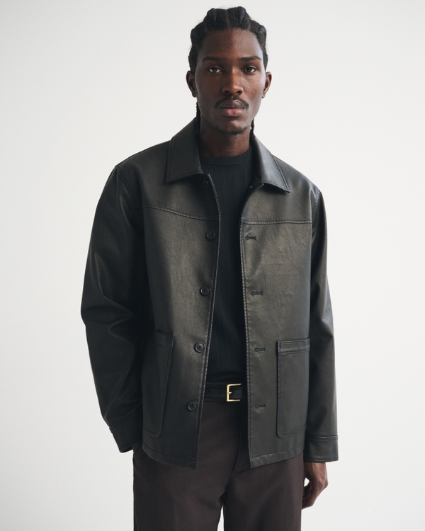 Vegan Leather Trucker Jacket, Black view 1
