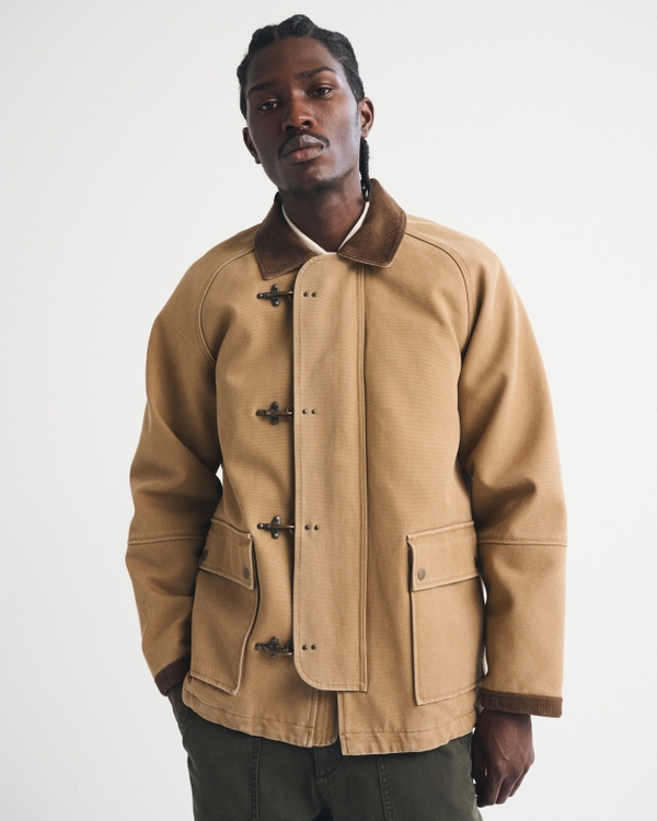 Mid-Length Canvas Fireman-Clasp Jacket, Light Brown view 1
