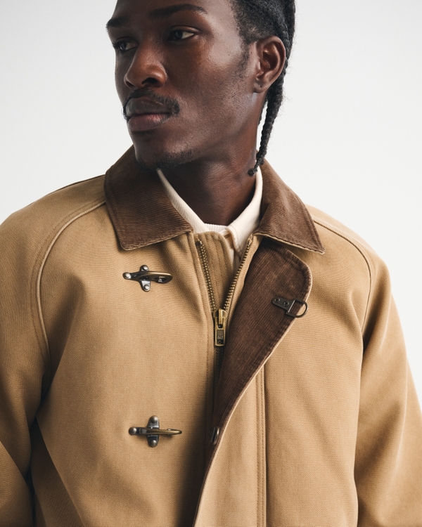 Mid-Length Canvas Fireman-Clasp Jacket, Light Brown view 2