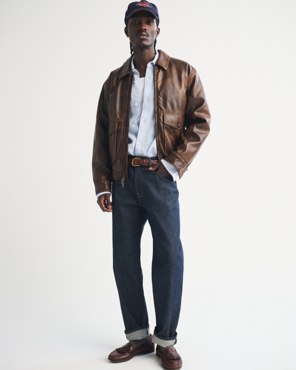 Vintage-Inspired Vegan Leather Bomber Jacket, Brown view 2