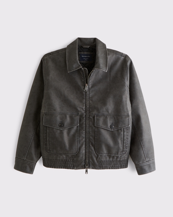 Vintage-Inspired Vegan Leather Bomber Jacket, Black view 1