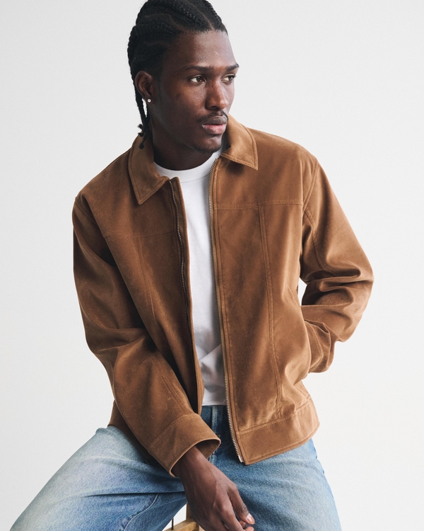 Vegan Suede Zip Jacket, Light Brown Leather view 1