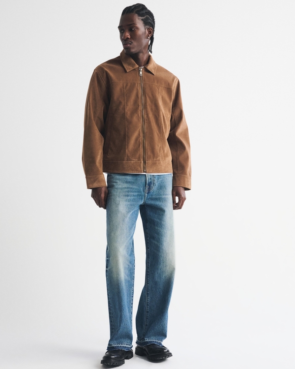 Vegan Suede Zip Jacket, Light Brown Leather view 2